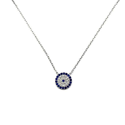 Mystic Jewels - 925 Sterling Silver Turkish Eye Pendant Necklace - Round with Cubic Zirconia (SILVER)