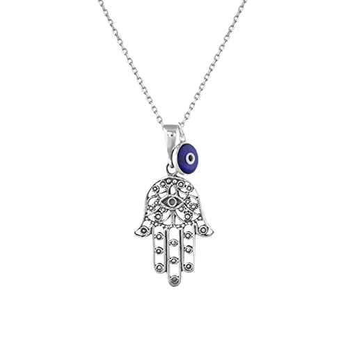 MYSTIC JEWELS By Dalia - 925 Sterling Silver Hamsa Necklace with a 7mm Evil Eye Pendant Hanging (Filigree)