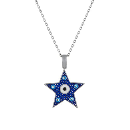 MYSTIC JEWELS By Dalia -Necklace 925 sterling silver Navy blue enamel and turquoise eyes, minimalist, Good luck Elephant or Star model (Star)