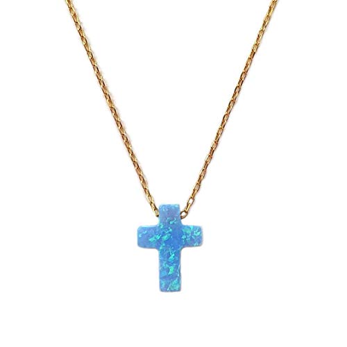 MYSTIC JEWELS by Dalia Necklace with Cross Pendant, 925 Sterling Silver, Synthetic Opal, Length 40 cm + 5 cm Adjustable… (Gold)