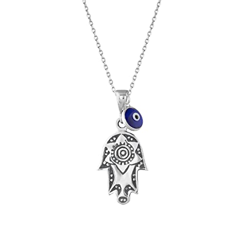 MYSTIC JEWELS By Dalia - 925 Sterling Silver Hamsa Necklace with a 7mm Evil Eye Charm Dangling (Sun)