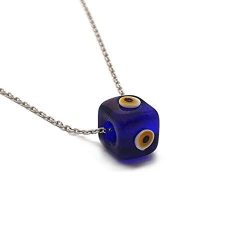 MYSTIC JEWELS by Dalia - Blue Crystal Cube Evil Eye Necklace for Good Luck - 925 Sterling Silver Chain (Navy Blue)