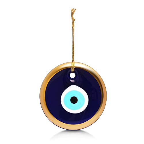 MYSTIC JEWELS - Cristal contre le mauvais œil, bleu et blanc, grand œil turc 12 cm environ avec trou, porte-bonheur à accrocher au mur (doré)