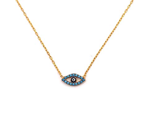 Mystic Jewels by Dalia Collar con colgante de ojo turco redondo plata de ley 925 con circonita cúbica y esmaltada en azul fuerte (Turquesa)