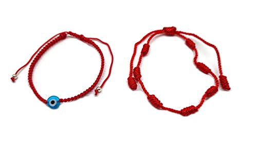 MYSTIC JEWELS by Dalia - 7 knots Red Thread Bracelet - Adjustable protection and evil eye bracelet, lucky amulet, handmade, unisex (Model 7)