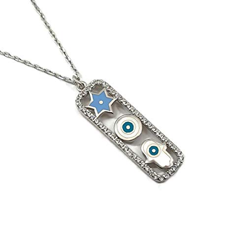 MYSTIC JEWELS By Dalia - Three symbols together - Star of David + Evil Eye + Hand of Fatima - to protect you, Gift for Women, Wedding (Silver)