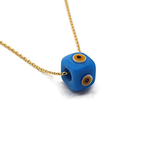 MYSTIC JEWELS par Dalia – Collier cube en cristal bleu contre le mauvais œil pour la bonne chance – Chaîne en argent sterling 925 plaqué or (turquoise)