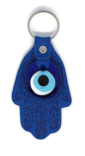 MYSTIC JEWELS by Dalia - Porte-clés Oeil Turc en Forme de Hamsa et en Cristal et Cuir - pour la Bonne Chance et le Mauvais Oeil - Taille 12 X 5 cm (Bleu)