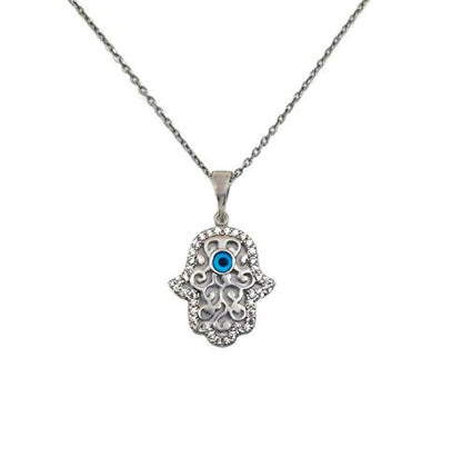 MYSTIC JEWELS By Dalia - 925 Sterling Silver Hand of Fatima Necklace with little eye in the middle and zircons around it for good luck