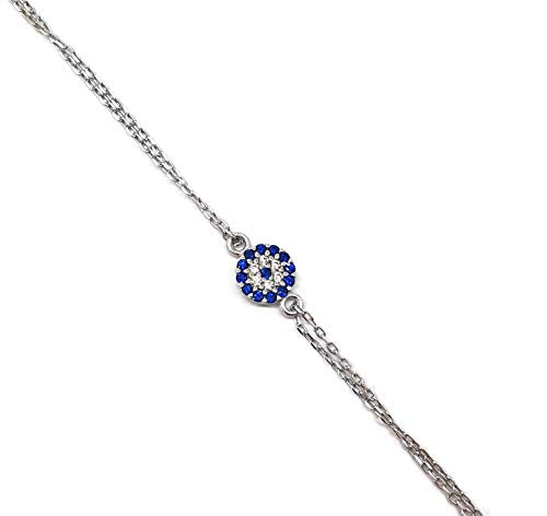 Mystic Jewels by Dalia - Small Turkish Eye Motif Zircon Bracelet - Double Chain 16-18 cm Adjustable (Silver)
