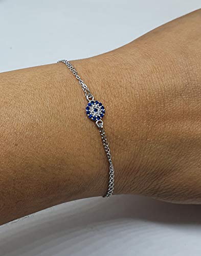 Mystic Jewels by Dalia - Small Turkish Eye Motif Zircon Bracelet - Double Chain 16-18 cm Adjustable (Silver)