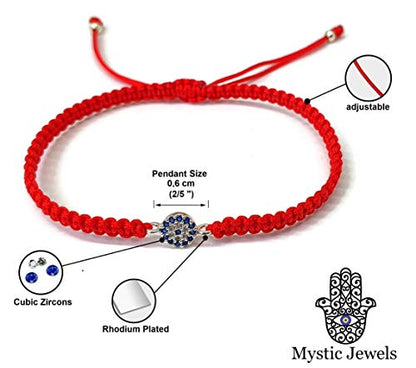 MYSTIC JEWELS by Dalia - Bracelet classique en macramé contre le mauvais œil en zircons bleus et blancs pour porter chance (Rouge)