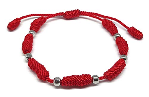 Mystic Jewels by Dalia - Pulsera Kabbalah - cordón 7 nudos de hilo rojo con bolas - unisex - ajustable - protección de mal de ojo, buena suerte, good luck (Rojo)