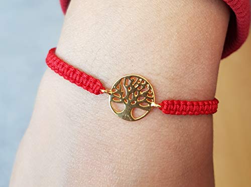 MYSTIC JEWELS By Dalia - 925 Sterling Silver Bracelet - tree of Life - in macrome Red Thread - Adjustable - to give as a gift (Golden)