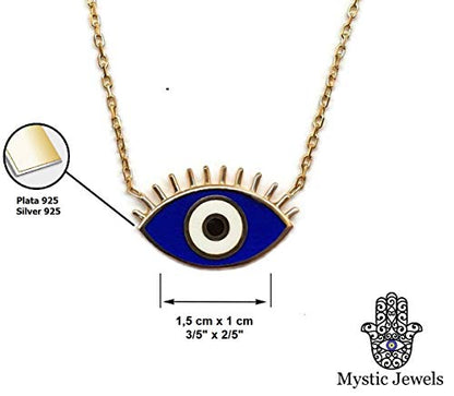 MYSTIC JEWELS by Dalia - Eye Necklace with Eyelashes - 925 Sterling Silver Enameled in Blue for Good Luck (Golden Silver)