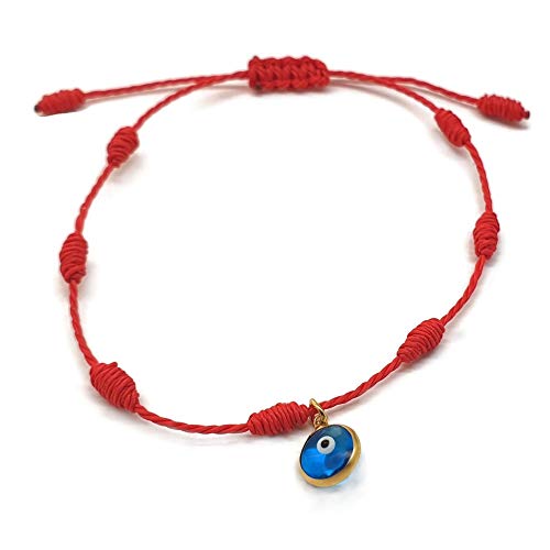 MYSTIC JEWELS by Dalia - Kabbalah Bracelet - 7 Knot Red Thread cord with a small eye in 925 Gold-plated Silver - Unisex - Adjustable - Evil Eye protection, Good Luck, Good Luck (Red)