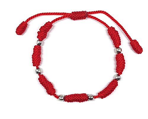 Mystic Jewels by Dalia - Pulsera Kabbalah - cordón 7 nudos de hilo rojo con bolas - unisex - ajustable - protección de mal de ojo, buena suerte, good luck (Rojo)