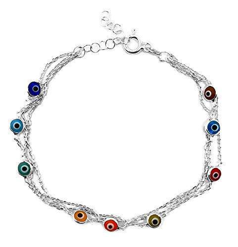 MYSTIC JEWELS By Dalia - 19cm Silver Evil Eye Bracelet on Triple Chain with tiny eyes - For Good Luck (Multicolor)