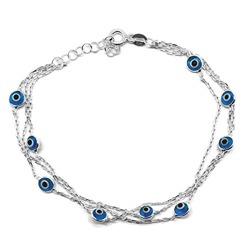 MYSTIC JEWELS By Dalia - 19cm Silver Evil Eye Bracelet on Triple Chain with tiny eyes - For Good Luck (Light Blue)