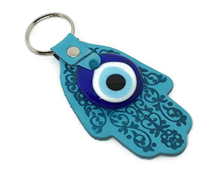 MYSTIC JEWELS by Dalia - Turkish Eye Keychain in the Shape of a Hamsa and in Glass and Leather - for Good Luck and Evil Eye - Size 12 X 5 cm (Turquoise)