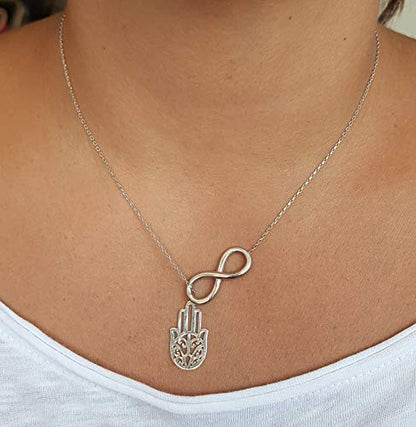 MYSTIC JEWELS By Dalia - Hand of Fatima with Infinity - 925 Sterling Silver - Gift for Good Luck (Silver)