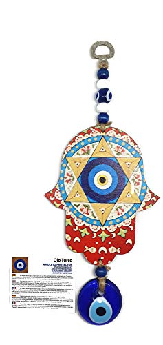 MYSTIC JEWELS - Hamsa of the Hand of Fatima in wood with Turkish eye for Good Luck and Energy at Home (Color 6)