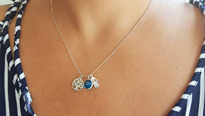 MYSTIC JEWELS - Collar Plata de Ley 925 - Tres simbolos, Mano de Fatima & Arbol de la Vida & Ojo de la buene Suerte