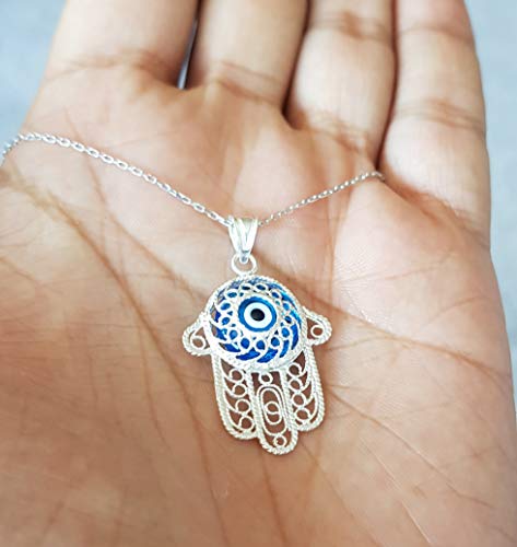 MYSTIC JEWELS by Dalia - Filigree Necklace with Turkish Eye 925 Sterling Silver (Hand of Fatima)