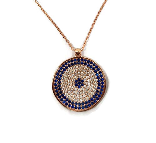 MYSTIC JEWELS By Dalia - 925 Sterling Silver Blue Round Turkish Eye Pendant Necklace with Cubic Zirconia (Pink)