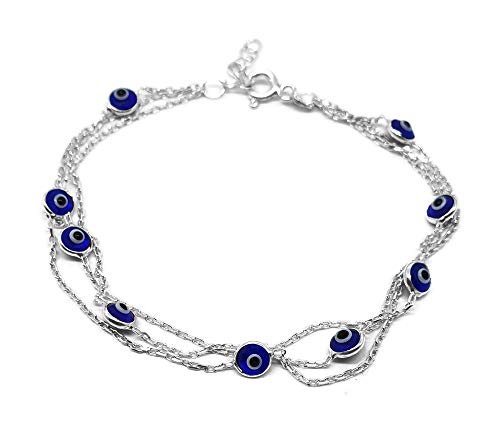MYSTIC JEWELS By Dalia - 19cm Silver Evil Eye Bracelet on Triple Chain with tiny eyes - For Good Luck (Navy Blue)