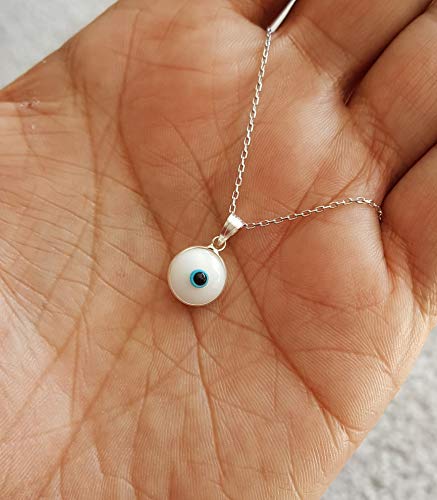 MYSTIC JEWELS by Dalia - Blue Crystal Evil Eye Necklace for Good Luck - 925 Sterling Silver - Chain 40 to 45 cm Length, for Christmas, Wedding, Valentine's Day (White)