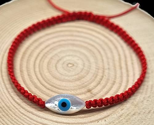 MYSTIC JEWELS By Dalia - Bracelet en fil macrome rouge avec nacre et oeil turc, pour porter chance, protection contre le mauvais œil, bonne chance (Œil - Rouge)