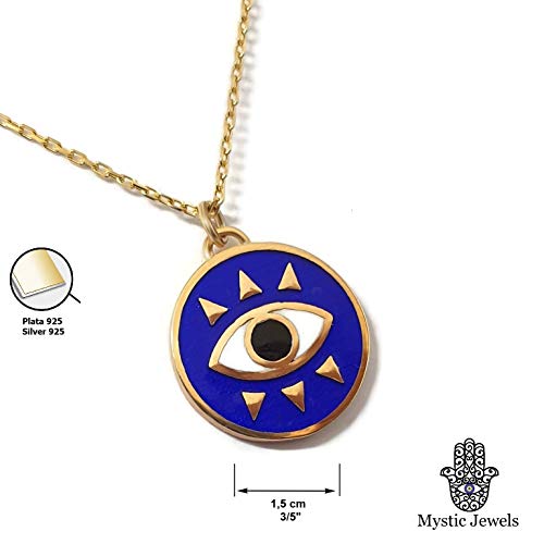 MYSTIC JEWELS by Dalia - Round Eye Necklace for Good Luck - 925 Sterling Silver Enameled in Blue (Golden)