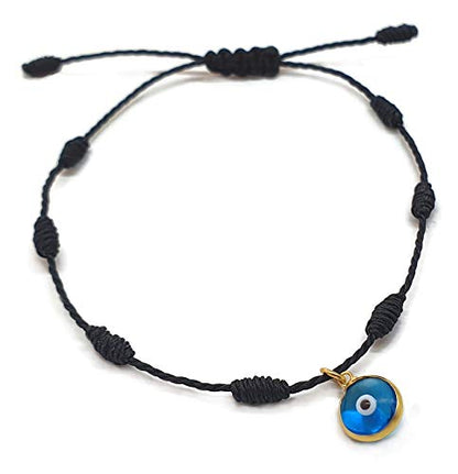 MYSTIC JEWELS by Dalia - Pulsera Kabbalah - cordón 7 Nudos de Hilo Rojo con un ojito pequeño en 925 Plata bañada en Oro - Unisex - Ajustable - protección de Mal de Ojo, Buena Suerte, Good Luck (Negro)