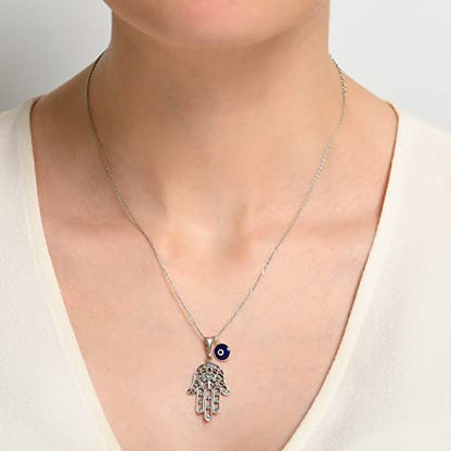 MYSTIC JEWELS By Dalia - 925 Sterling Silver Hamsa Necklace with a 7mm Evil Eye Pendant Hanging (Filigree)