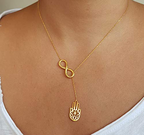 MYSTIC JEWELS by Dalia - Hand of Fatima with Infinity - 925 Sterling Silver - Gift for Good Luck (Golden)