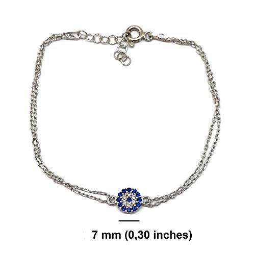Mystic Jewels by Dalia - Pulsera de Pequeña Ojo Turco Motif circonitas - Double Cadena 16-18 cm Ajustable (Plata)