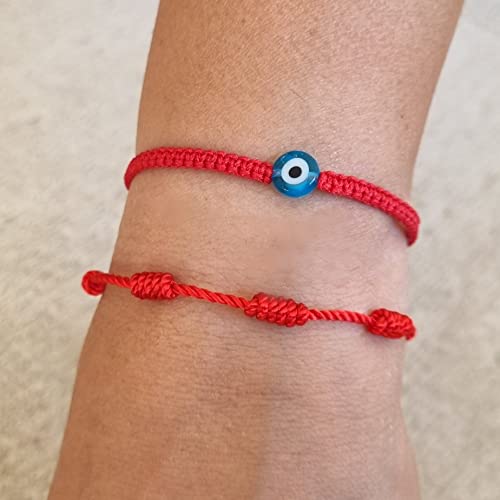 MYSTIC JEWELS by Dalia - 7 knots Red Thread Bracelet - Adjustable protection and evil eye bracelet, lucky amulet, handmade, unisex (Model 7)