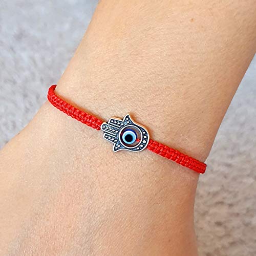 MYSTIC JEWELS by Dalia - Macrame Red Thread Bracelet for Luck - Blue Turkish Eye with Fatima Hamsa Hand