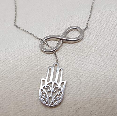 MYSTIC JEWELS By Dalia - Hand of Fatima with Infinity - 925 Sterling Silver - Gift for Good Luck (Silver)