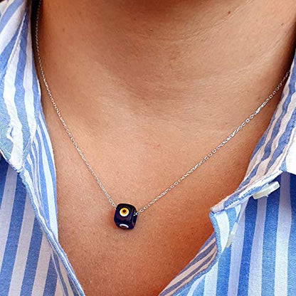 MYSTIC JEWELS by Dalia - Blue Crystal Cube Evil Eye Necklace for Good Luck - 925 Sterling Silver Chain (Navy Blue)