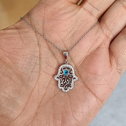 MYSTIC JEWELS By Dalia - 925 Sterling Silver Hand of Fatima Necklace with little eye in the middle and zircons around it for good luck