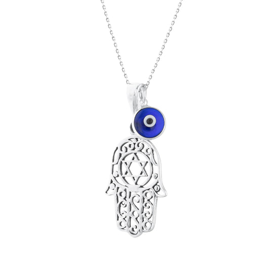 MYSTIC JEWELS By Dalia - 925 Sterling Silver Hamsa Necklace with a 7mm Evil Eye Charm Dangling (Star of David)