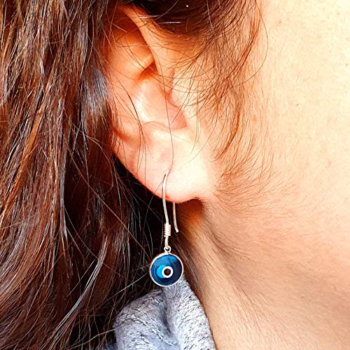 MYSTIC JEWELS By Dalia - Boucle d'oreille pendante en argent sterling 925 - Oeil turc rond pour la bonne chance (bleu clair)