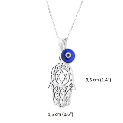 MYSTIC JEWELS By Dalia - 925 Sterling Silver Hamsa Necklace with a 7mm Evil Eye Charm Dangling (Star of David)