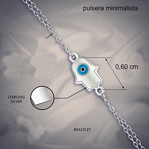 MYSTIC JEWELS by Dalia - Fatima Hand and Turkish Eye Enameled Bracelet - Double Chain - 925 Sterling Silver - Minimalist (Silver)