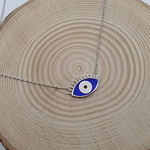 MYSTIC JEWELS by Dalia - Eye Necklace with Eyelashes - 925 Sterling Silver Enameled in Blue Color for Good Luck (925 Silver)