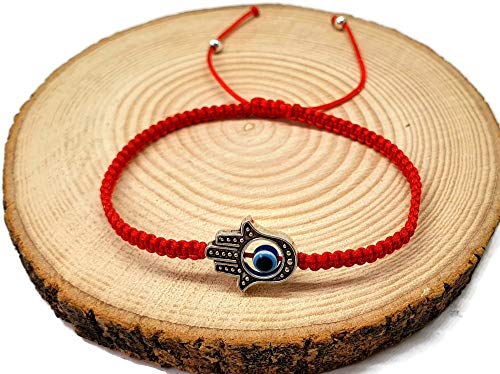 MYSTIC JEWELS by Dalia - Macrame Red Thread Bracelet for Luck - Blue Turkish Eye with Fatima Hamsa Hand