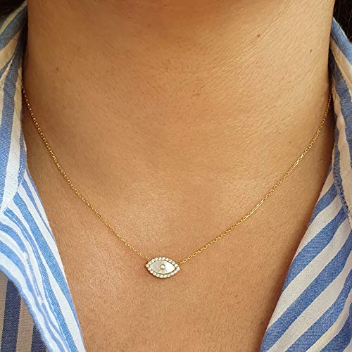 MYSTIC JEWELS by Dalia - Turkish Eye Pendant Necklace 925 Sterling Silver with Cubic Zirconia and Mother of Pearl (Golden)