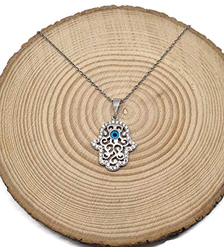 MYSTIC JEWELS By Dalia - 925 Sterling Silver Hand of Fatima Necklace with little eye in the middle and zircons around it for good luck